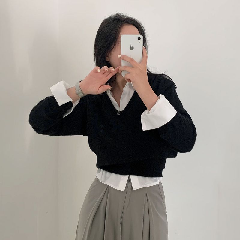 [Short waist] Mellow V-neck knit