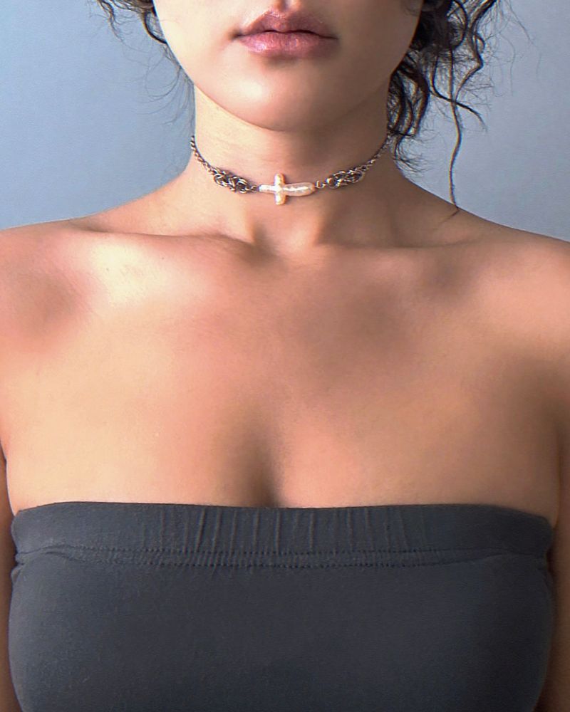 Cross Pearl and Chainmail Necklace (size: 2type)