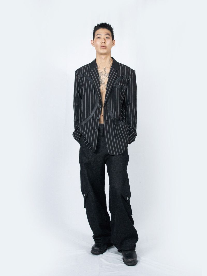 Circle Leather Patch Blazer (Black Stripe)