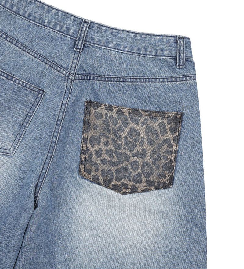 Leopard Cross Patch Roll-Up Denim Pants - Deep Blue
