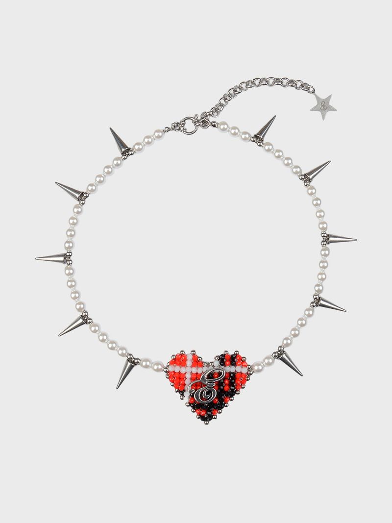 BEADED TARTAN CHECK HEART NECKLACE (RED)