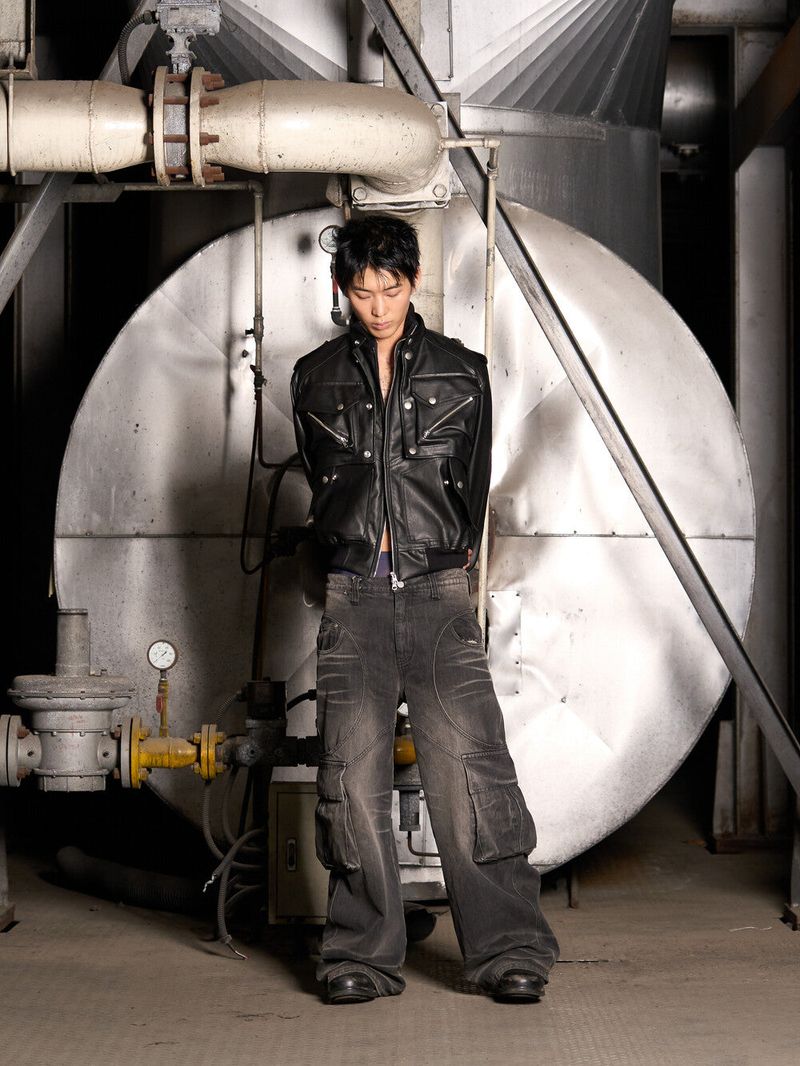 Circle Washing Denim Cargo Pants (Black)