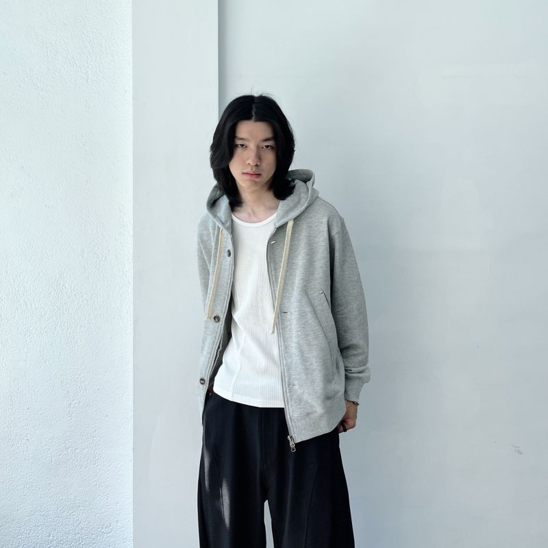 Button Detail Thick Drawstring Zip Hoodie
