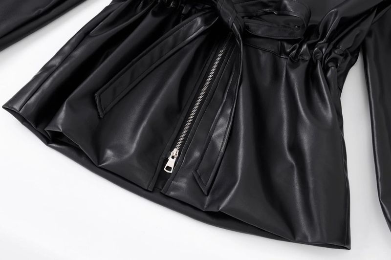 Waist Drawstring Leather Hood Jacket