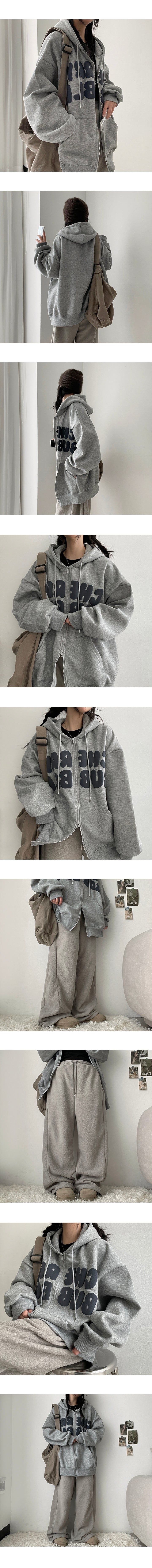 Nubon boxy napping embossed lettering hooded zip-up