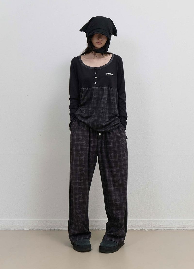 Check Sleep Jersey Pants / Black