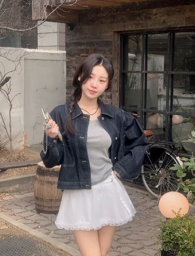 #Hey Stitch Round Collar Denim Jacket