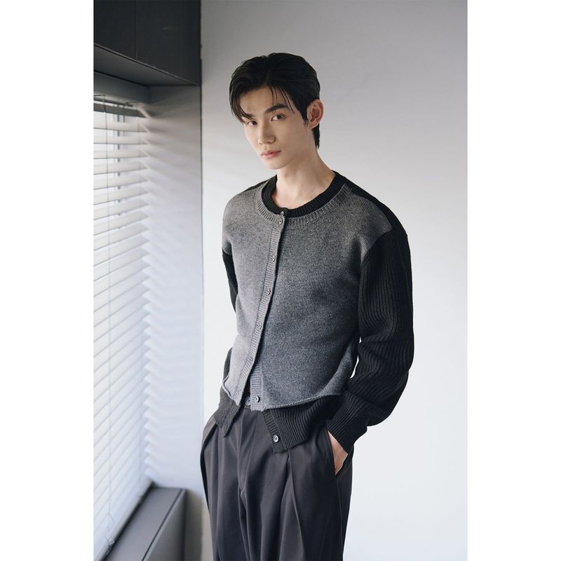 Layered wool knit cardigan(Black)