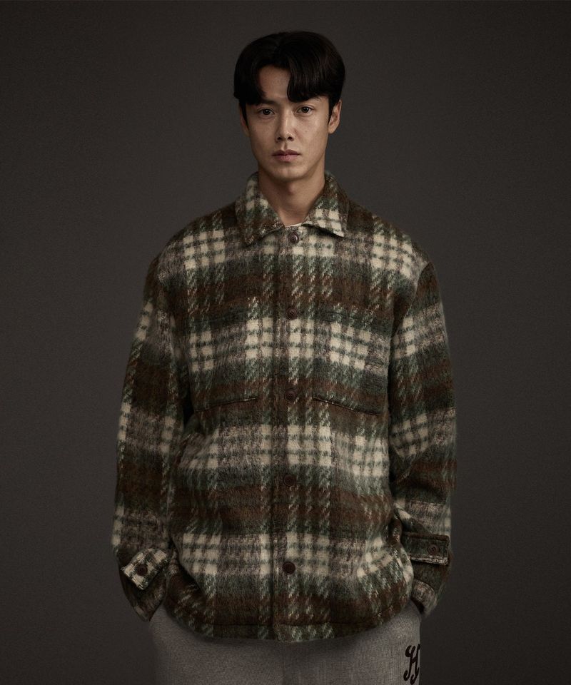 COZY HAIRY CHECK JACKET KHAKI