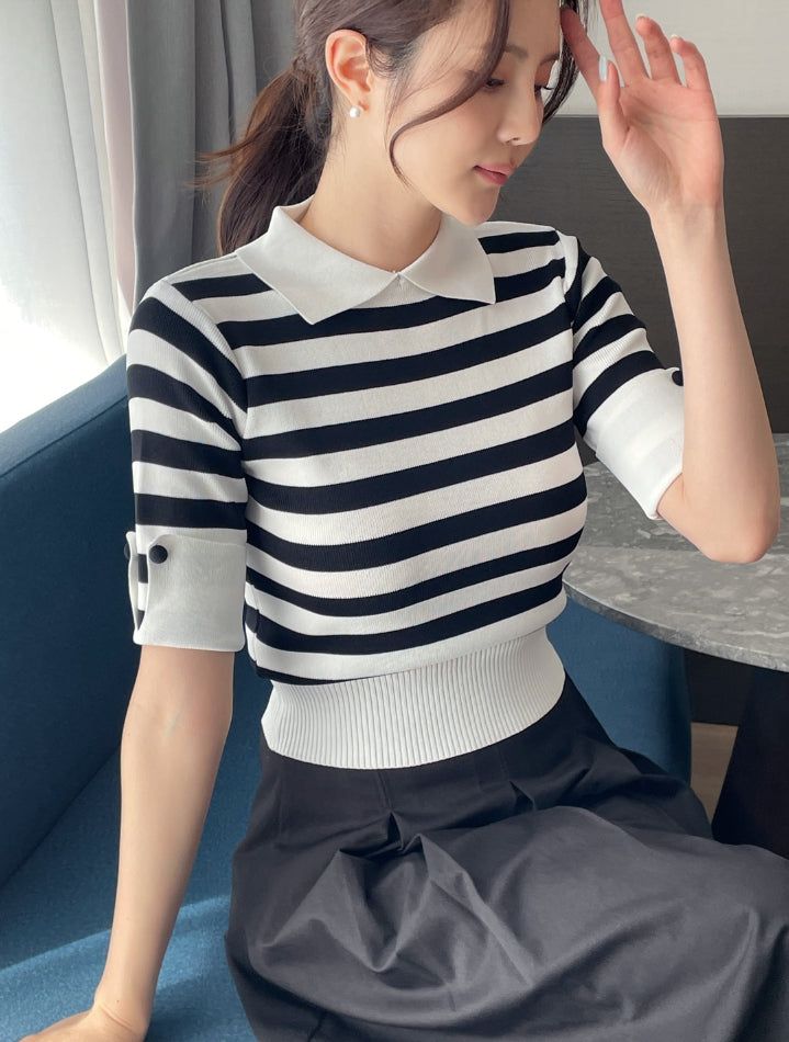 Ez Color Matching Button Short Sleeve Collar Knit