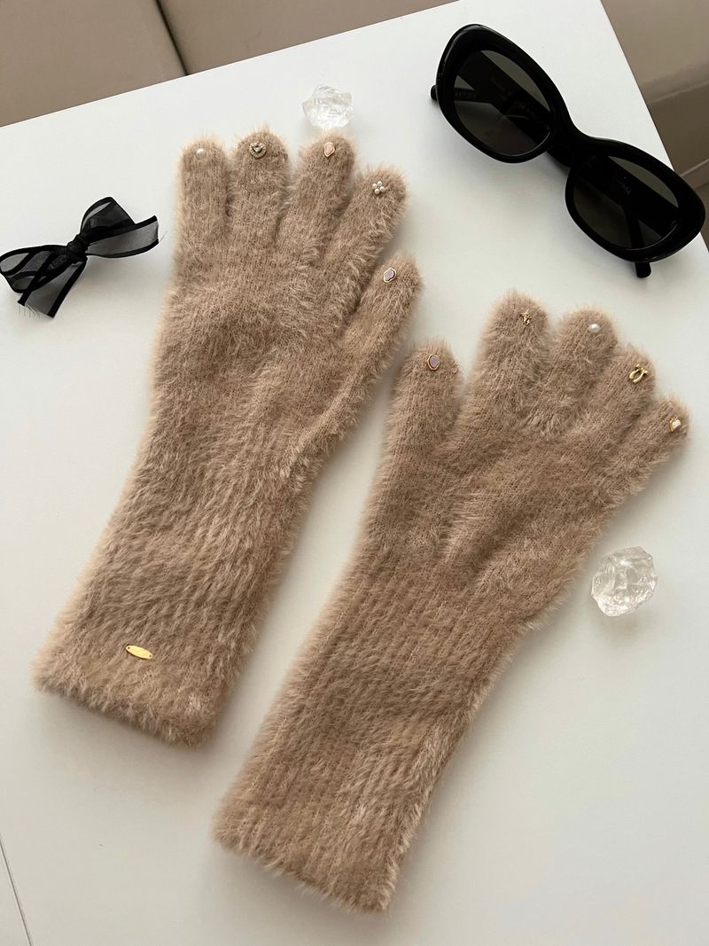 RGO Ballet Core Ribbon Jewelry Year-end Look Hip Cubic Long Heating Fleece-Lined Fur Mink Black White Brown Beige Gloves (Select 3 Colors)