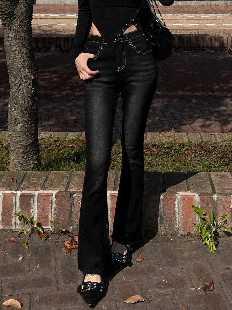 Color combination stitch gradient washed high waist spandex bootcut pants (Black)