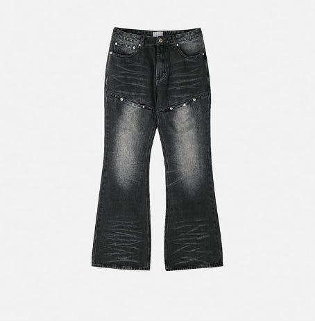 Groove cat-washed rivet flare denim pants