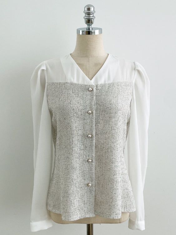 Benilla Color Matching Tweed Tie Blouse