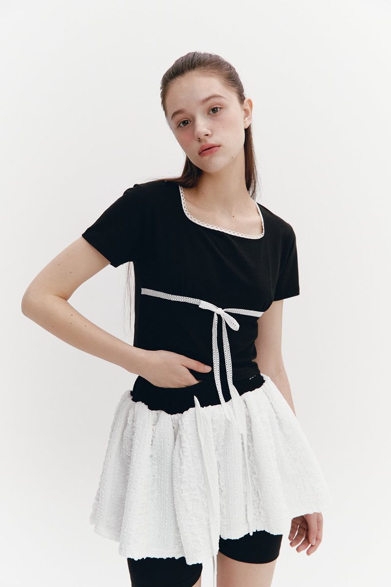 Lace Ribbon Shirring Top Black
