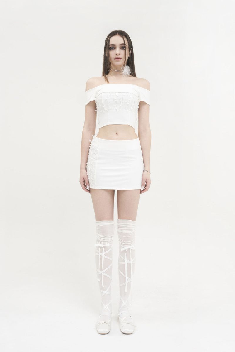  [Seow] Flap mesh ribbon sk, white