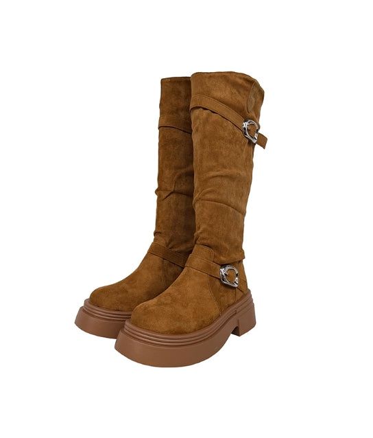 Double Buckle Suede Platform Sole Long Boots