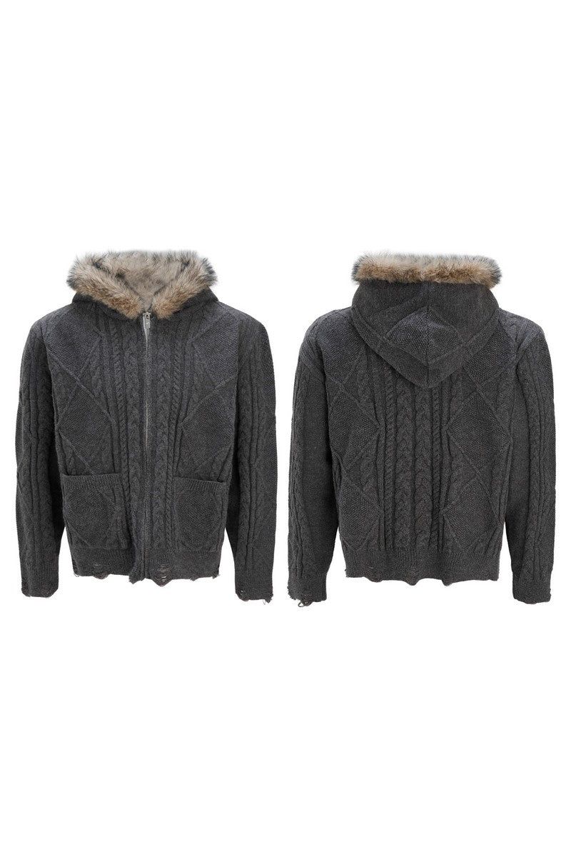 Faux Fur Knit Zip-Up Hoodie