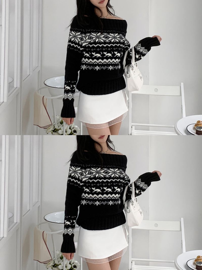 Snowfield Nordic Pattern Off-Shoulder Knit Top (Black)