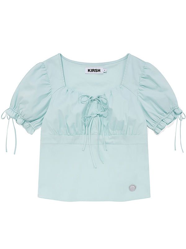 RIBBON SHIRRING SHORT SLEEVE BLOUSE [ICE]