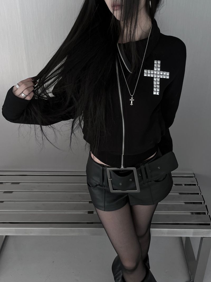 cross stud diagonal warmer zip-up (fleece-lined / 2color)