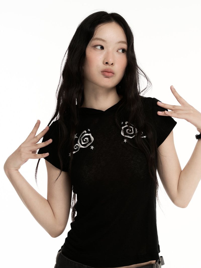 CONFUN Embroidered Silver Thread Patterned Split Design Semi-transparent Linen Fabric Tight-Fitting Hooded Short-Sleeved T-Shirt