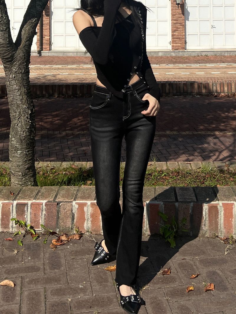 Color combination stitch gradient washed high waist spandex bootcut pants (Black)