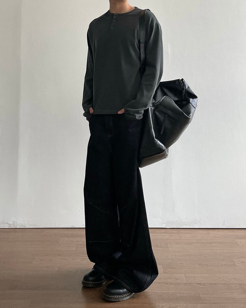Double Washed Henley Neck Long Sleeve