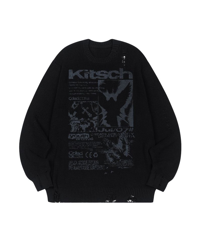 Grunge Angel Graphic Damage Knit - BLACK