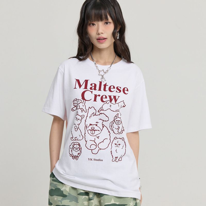 マルチーズクルーライングラフィック半袖Tシャツ