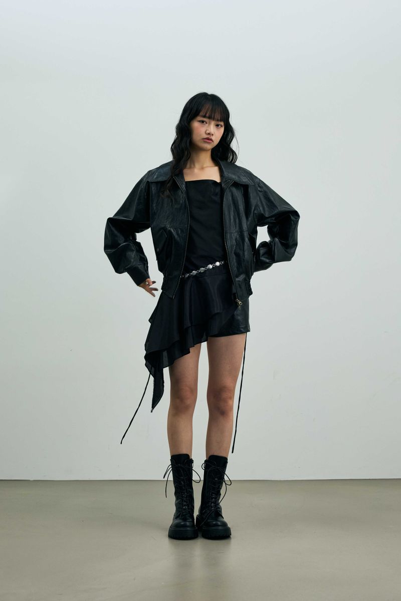 PAMELA LEATHER BOMBER JACKET / BLACK
