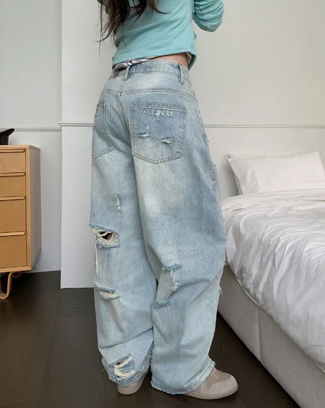 Slash Damaged Wide Denim Pants