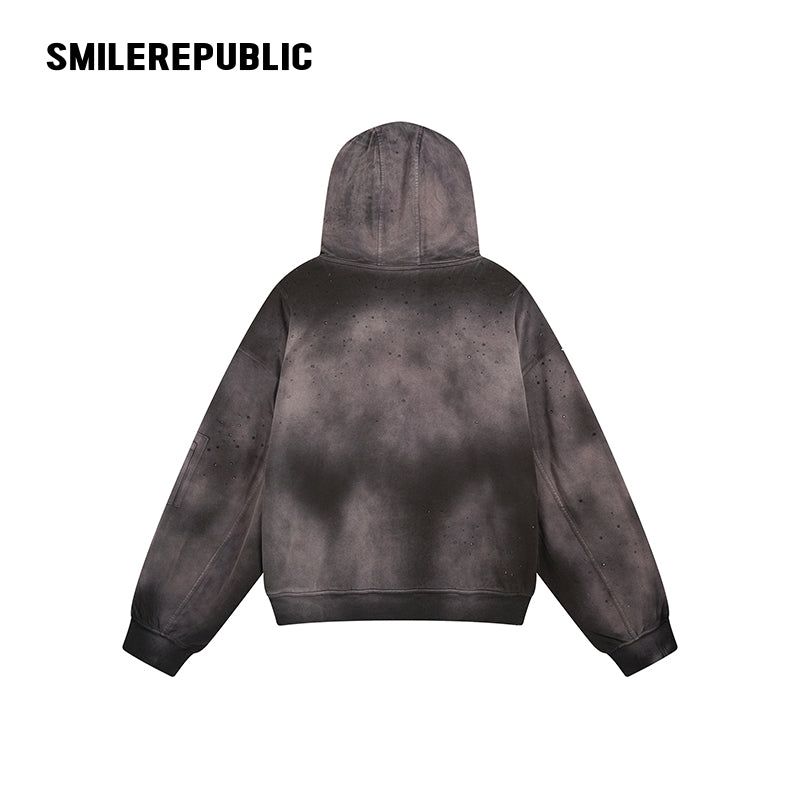 Distressed Cotton Rhinestone Embellished Full Zip Hoodie with Utility Sleeve Pocket, Oversized Streetwear Style