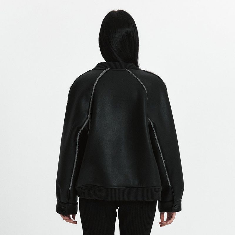 C LINE TRIM FAUX SHEARLING JACKET_BLACK
