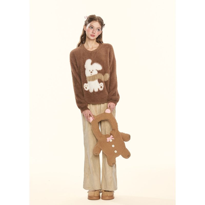 [GirlyFancyClub] Leopard Bowknot Series* Versatile Straight Leg Casual Double-sided Suede Pants