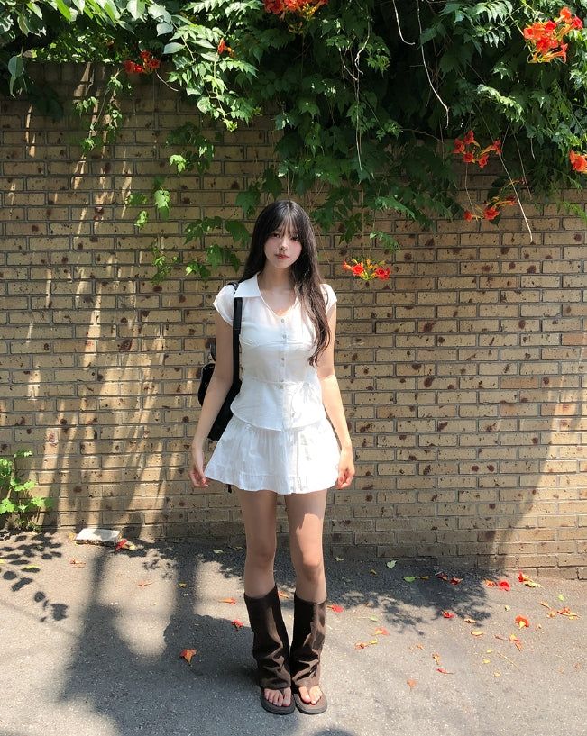 Rib Unbalanced Button Sheer Blouse