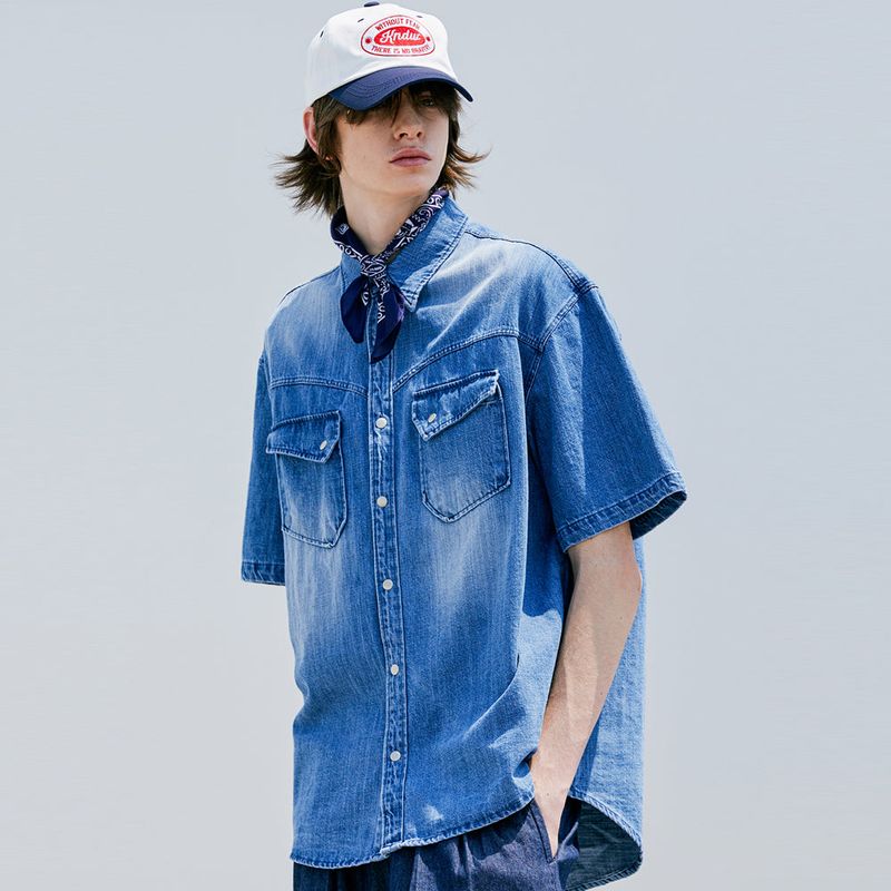 WASHED DENIM WESTERN SHIRT BLUE