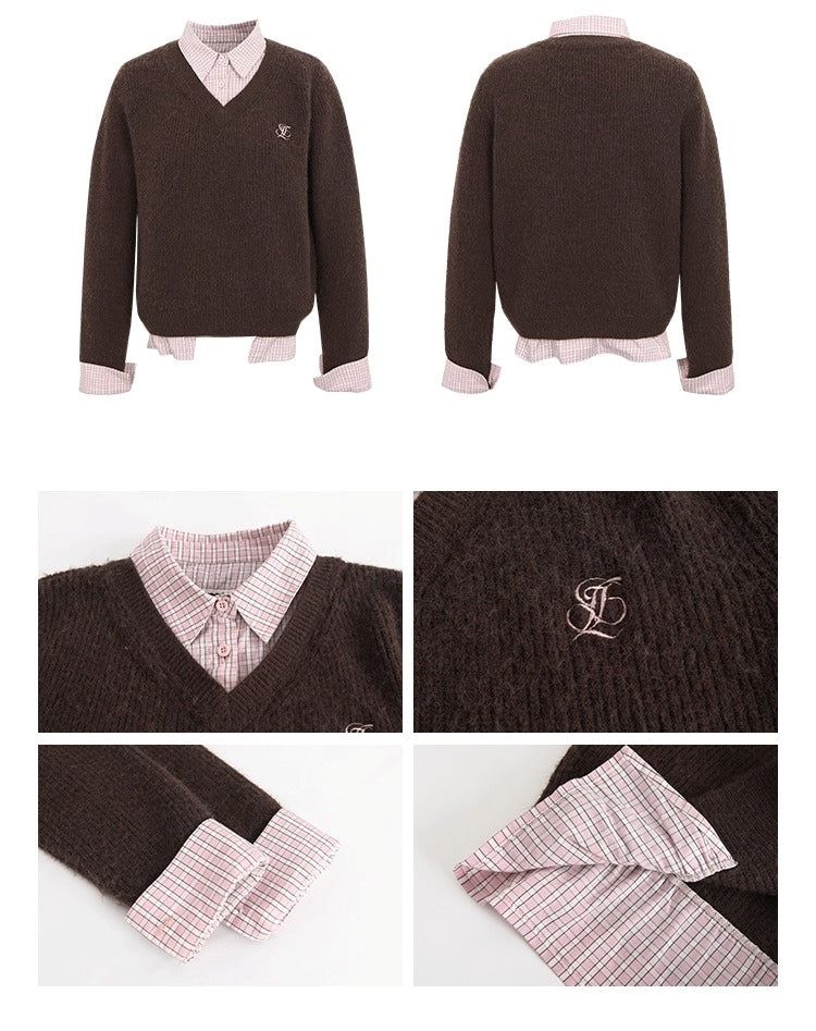 Pink checkered two-piece V-neck brown knitwear