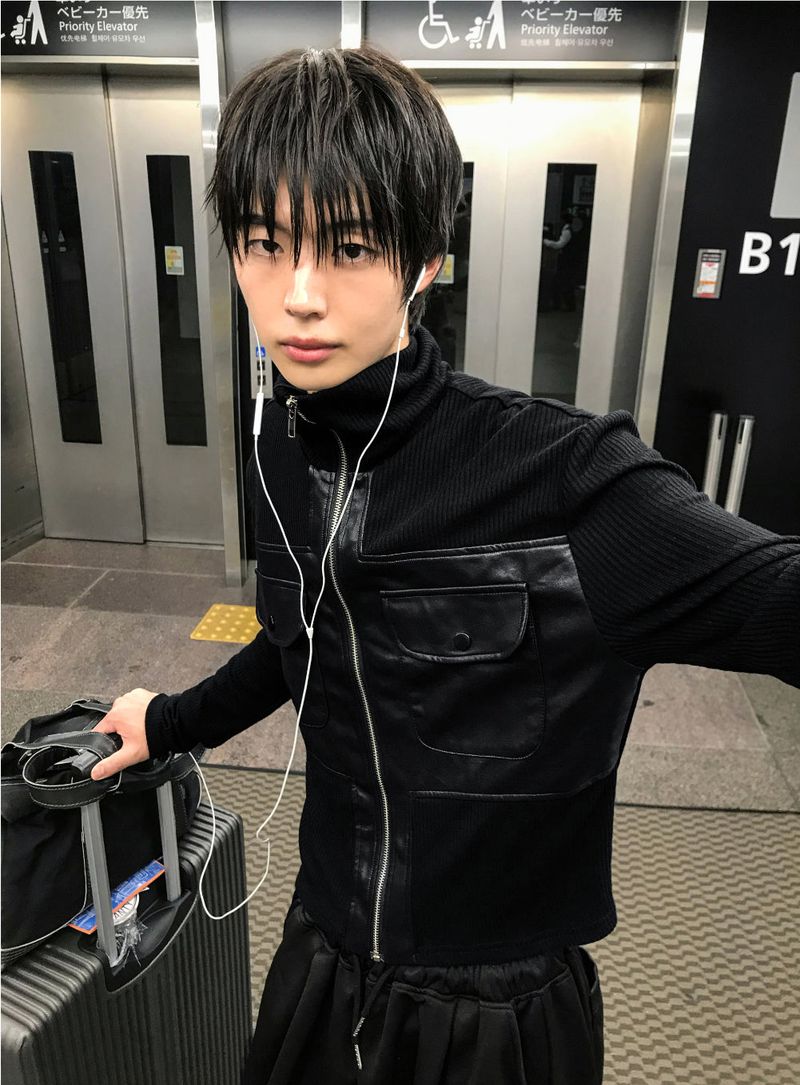 Black Leather Knit Zip-Up