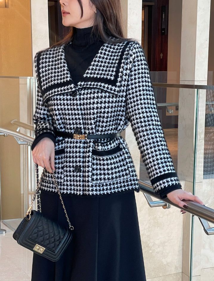 Marron Sailor Collar Hound Check Knit Jacket Cardigan