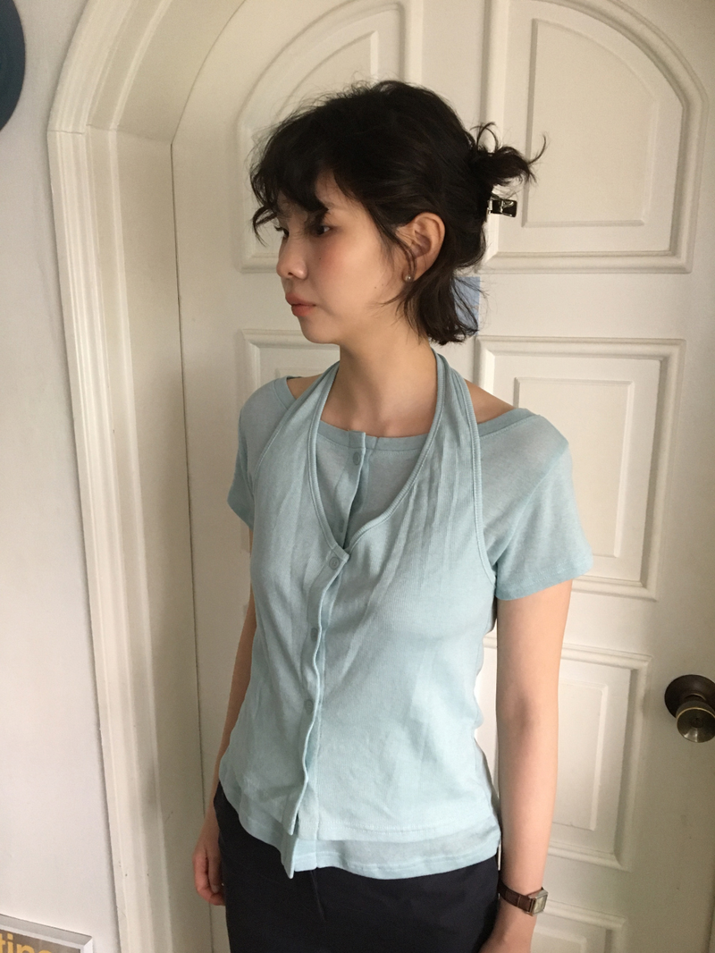 Dual-layer button T-shirt (4color)