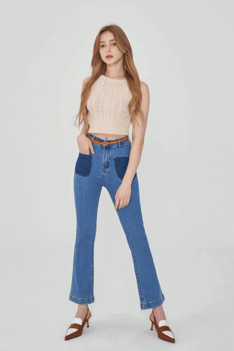 LEE EUN-JI WORN SEMI BOOTSCUT FIT BELT SET DENIM PANTS [6880]