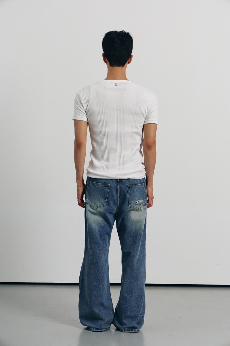 Tin washed damage flare denim pants(Blue)