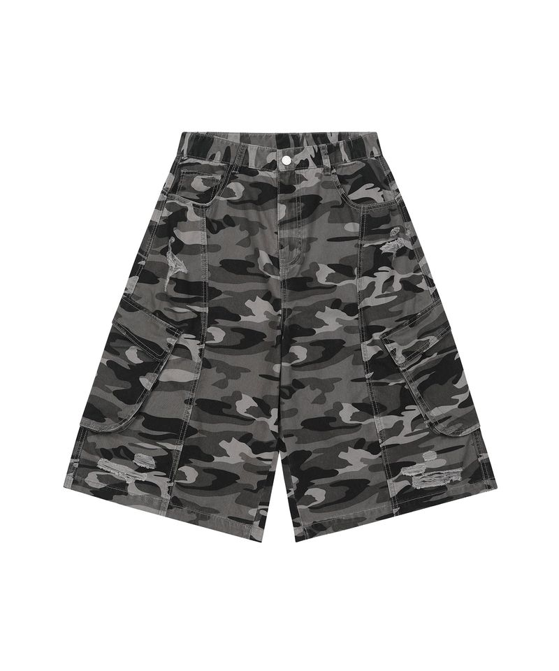 Destroyed Camo Cargo Bermuda Pants - GRAY CAMO