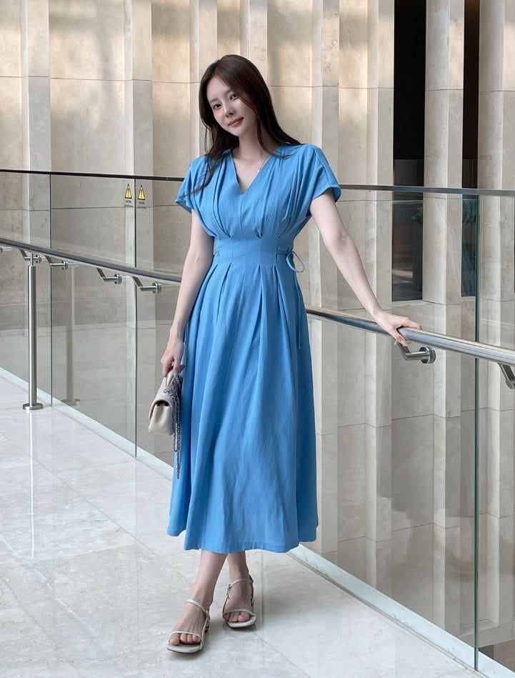 Javet V-Neck Pintuck Flare Long One Piece