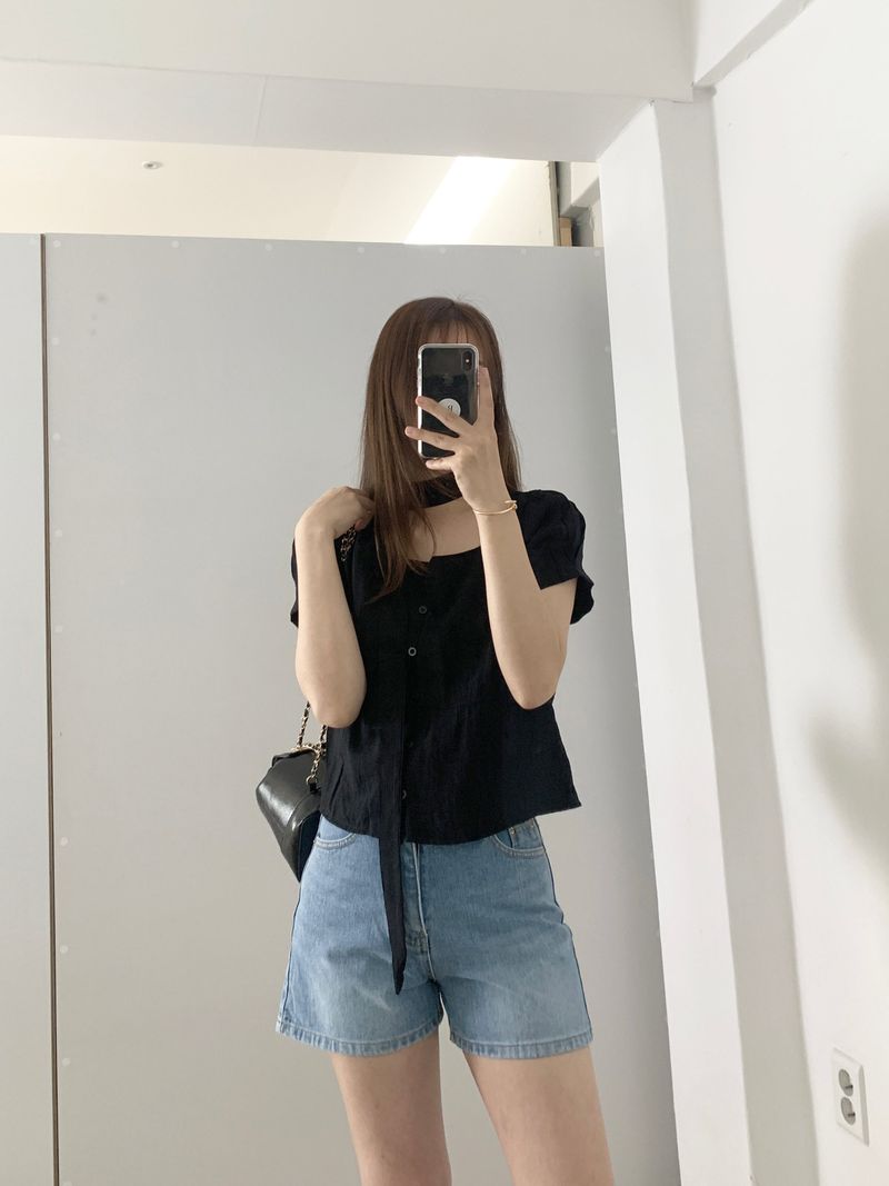Blian Puff Short Sleeve Blouse Scarf Tie Set