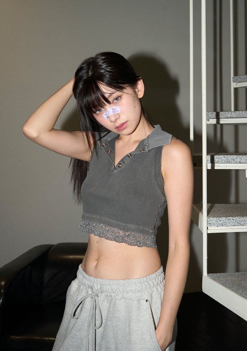 (2nd reorder) stud lace pk top - charcoal