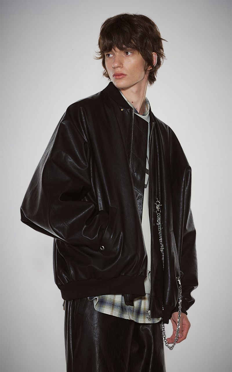 EACH DIFFER(イーチディファー)の「FAUX LEATHER SHIRRING SLEEVED MA-1_BLACK(Jackets/Outerwear)」