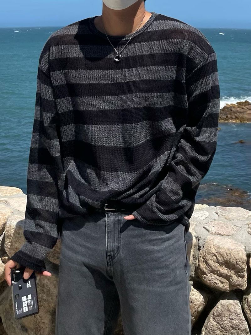STRIPED PUNCHING LONG SLEEVE KNITWEAR(3COLOR)