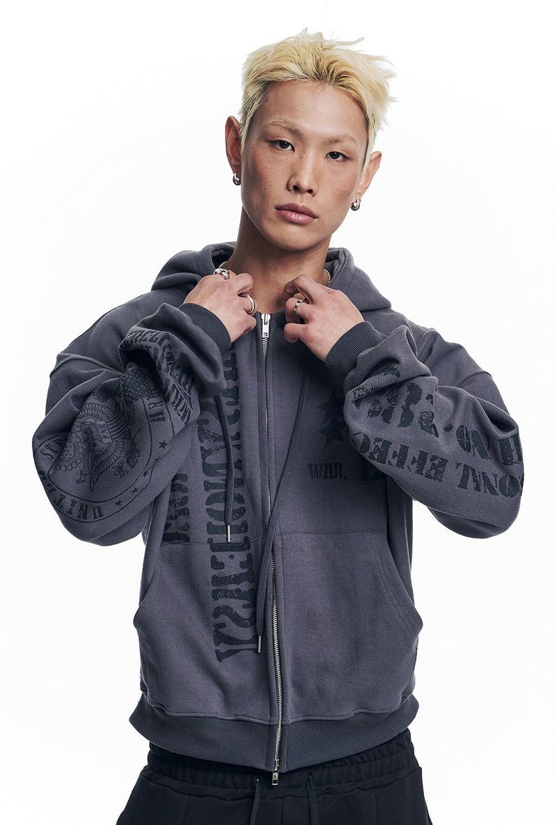 Marine Crack Print Hooded Zip-Up - Charcoal